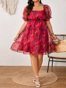 SHEIN Frenchy 大碼Bridgerton風格女裝隨機印花泡泡袖禮服洋裝，花卉洋裝派對裝 - 彩色 - 查看 6