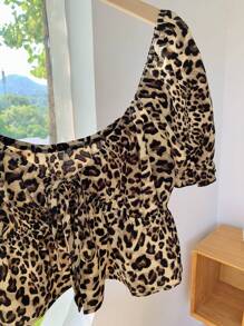 Comfortcana 女士夏季时尚豹纹泡泡袖短款衬衫、短袖上衣 - 彩色 - 查看 3