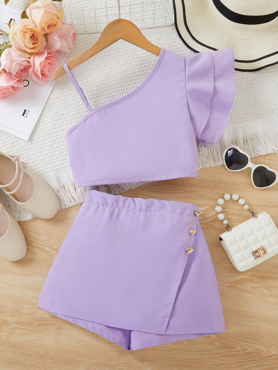 Tween Girl Sweet & Cute Ruffle Hem Summer Top And Shorts Two-Piece Set - Purple - View 1
