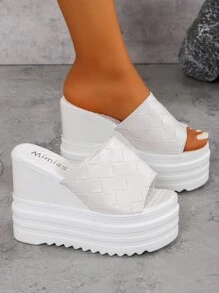 Sandale cu toc plat pentru femei, sandale cu toc înalt de 12 cm și bareta groasă, papuci cu toc plat impermeabili super înalți, pantofi negri cu vârful deschis, vară, esențiale pentru călătorii - alb - Vizualizare 2