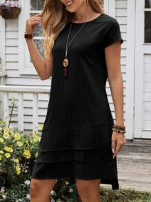 EMERY ROSE Women's Summer Multi-Hem Round Neck Short Sleeve Dress - Black - View 6