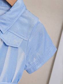 Gaun Bayi Perempuan Berikat Ruffle Hem Tombol Depan Plain - Biru - View 7