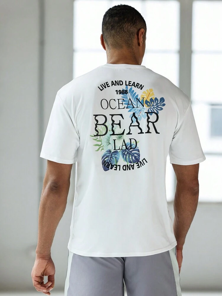 Boyfriend Style Men's Slogan Tropical Plant Printed Round Neck Short Sleeve Sports T-Shirt