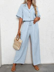 SHEIN LUNE Conjunto de dos piezas de verano para mujer, parte superior y pantalones simples sueltos de lino casual