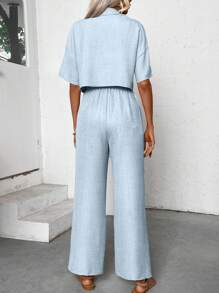 SHEIN LUNE Conjunto de dos piezas de verano para mujer, parte superior y pantalones simples sueltos de lino casual