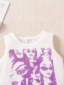 SHEIN Conjunto casual de 2 piezas con chaleco de cuello redondo con impresión de personajes de verano y falda plisada para niña joven