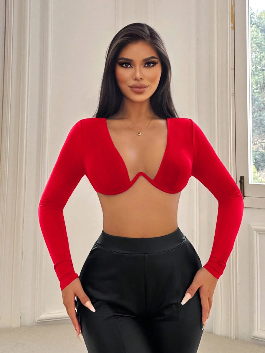 SHEIN SXY Ladies' Solid Color Simple Daily Wear Bralette Top With Underwire - Red - View 1