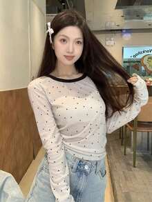 女士圓點拼色長袖T恤，薄款休閒時尚圓領上衣