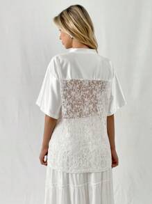 Flirla Camiseta corta de manga corta de mujer con aplicación de encaje blanco, satén bordado y gráfico para ropa de fiesta de vacaciones - Blanco - Ver 2