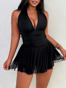 Zolique 夏季無袖後空背綁頸連體褲，純色腰部褶皺設計 - 黑色 - 查看 1