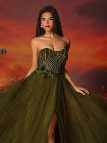 High-Grade Net Yarn Green Women's Strapless High Slit Evening Dress - Army Green - View 5