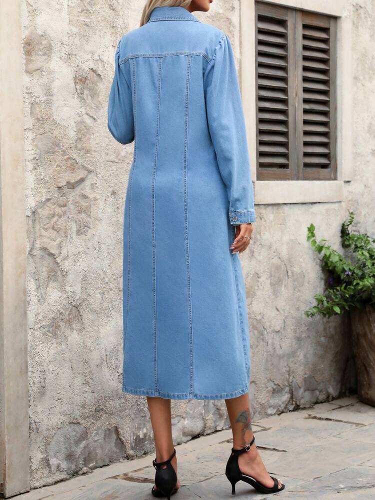 Women's Solid Color Button Front Long Sleeve Denim Jumpsuit With Pockets, Casual Fall Cloth For Women