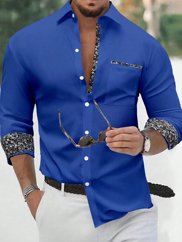 Manfinity Mode Men's Fashionable Casual Printed Patchwork Long Sleeve Formal Shirt, Royal Blue Dress Fashion For Fall Ceremony