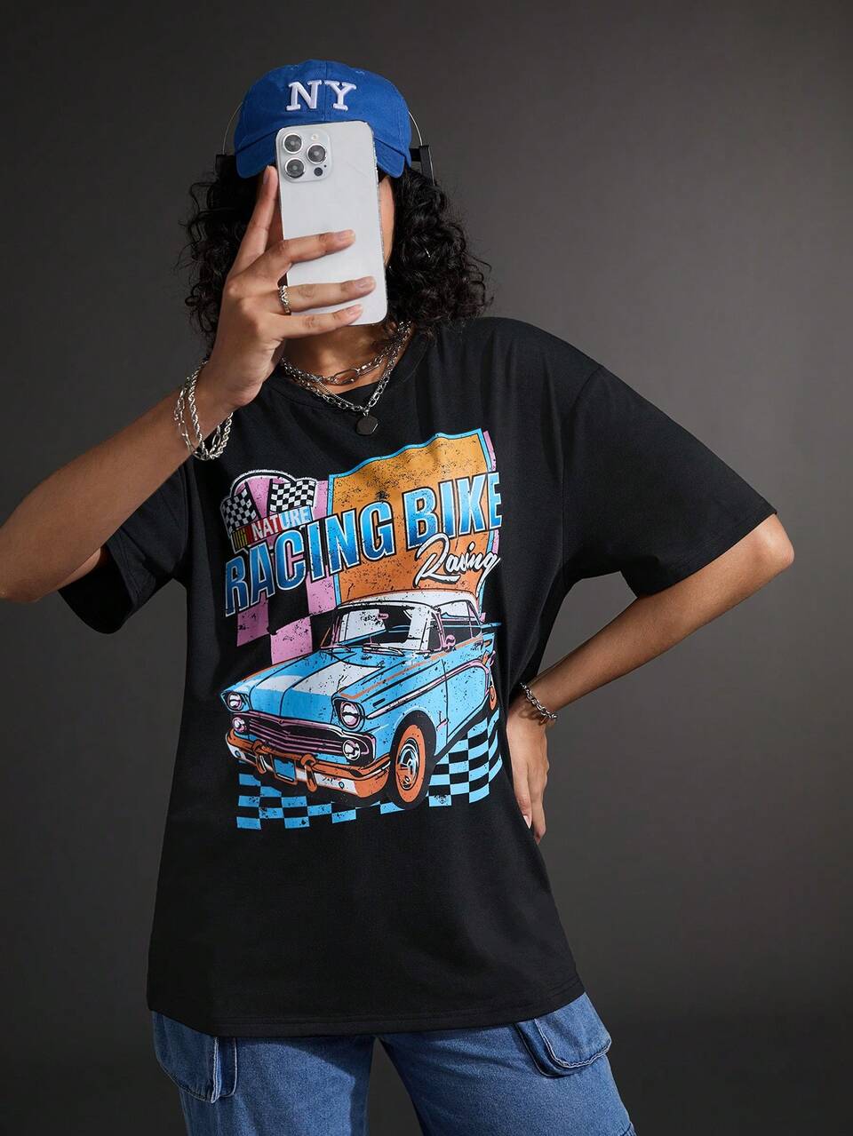 Women's Letter Car Printed Round Neck Loose Sports Short Sleeve T-Shirt