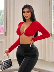 SHEIN SXY 女士純色簡約日常穿著帶有鋼圈的胸衣上衣 - 紅色 - 查看 3