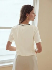 MOTF PREMIUM KEYHOLE BACK CONTRAST TAPE TRIM BLOUSE,CHIC BLOUSE - Apricot - View 6