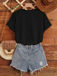 Tween Girls Casual Sun, Moon & Star Print Short Sleeve Round Neck T-Shirt, Suitable For Summer Holiday Outfit - Black - View 2