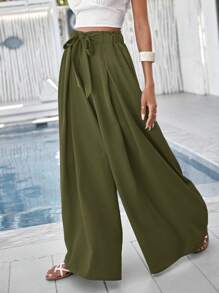 SHEIN VCAY Women's Solid Color Wide Leg Vacation Casual Pants - Army Green - View 1