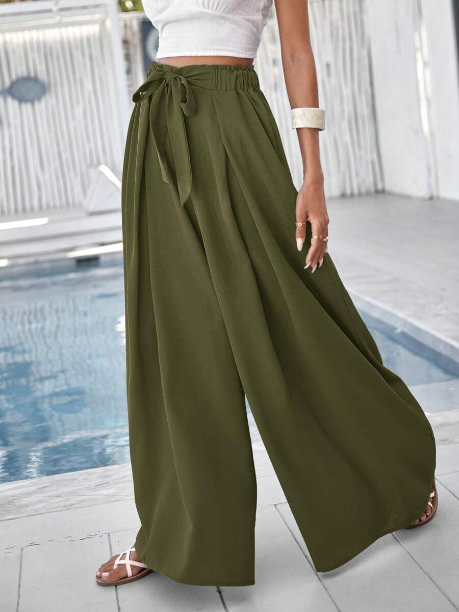 SHEIN VCAY Women's Solid Color Wide Leg Vacation Casual Pants - Army Green - View 1