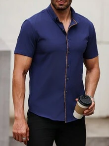 Manfinity Homme Men's Solid Color Short Sleeve Casual Shirt,Summer Men Shirts - Navy Blue - View 5