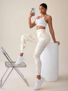 SHEIN Sport Studio Bladbedrukte elastische naadloze sportlegging