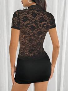 EgrlEra Women's Solid Color Simple Daily Lace Top Y2K Outfit  - Black - View 2