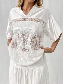 Flirla Camiseta corta de manga corta de mujer con aplicación de encaje blanco, satén bordado y gráfico para ropa de fiesta de vacaciones - Blanco - Ver 6