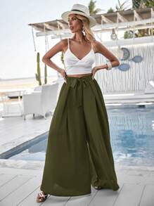 SHEIN VCAY Women's Solid Color Wide Leg Vacation Casual Pants - Army Green - View 5