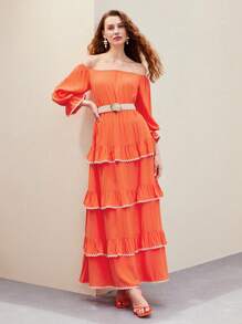 MOTF PREMIUM 露肩飄逸袖子對比波帶修邊層疊荷葉邊連衣裙 - 橘色 - 查看 5