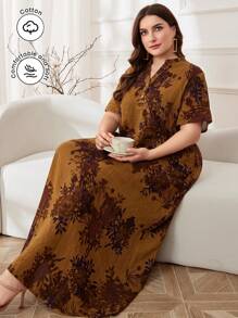 Al Najma 大尺碼優雅花卉印花分叉領長裙，適用於春/夏季