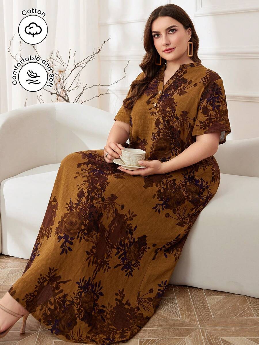 Al Najma 大尺碼優雅花卉印花分叉領長裙，適用於春/夏季