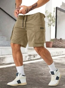 Manfinity Homme Loose-Fit Men's Cargo Shorts With Slogan Graphic, Flap Pockets, And Drawstring Waist - Khaki - View 4