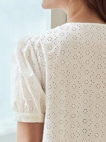 MOTF PREMIUM SOLID PUFF SLEEVE GUIPURE LACE DETAIL SCHIFFY BLOUSE - White - View 11