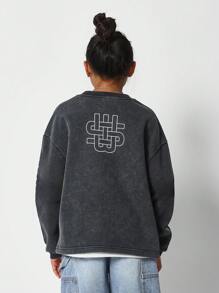 SUMWON Camiseta de manga larga para niñas preadolescentes con estampado en el frente y la manga - Negro - Ver 2