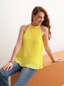 MOTF PREMIUM SOLID LETTUCE TRIM PLISSE BLOUSE - Yellow - View 1