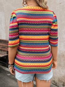 SHEIN LUNE 大尺碼女士夏季幾何印花圓領短泡泡袖休閒T恤 - 彩色 - 查看 2