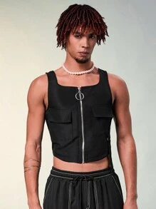 FeverCity Áo ba lỗ dệt thông thường có khóa kéo cho nam, áo không tay thời trang đi chơi Tan Top - màu đen - Xem 1