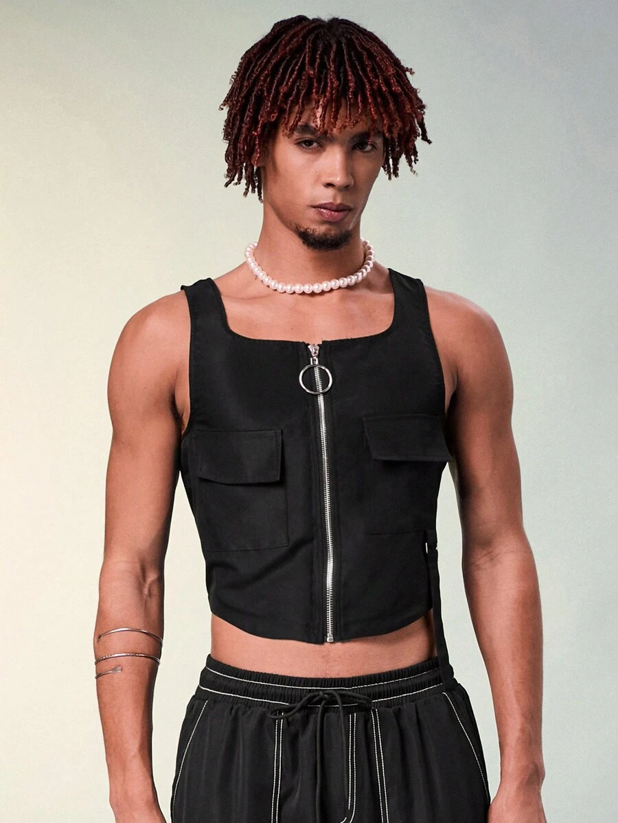 FeverCity Áo ba lỗ dệt thông thường có khóa kéo cho nam, áo không tay thời trang đi chơi Tan Top - màu đen - Xem 1