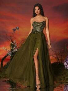 High-Grade Net Yarn Green Women's Strapless High Slit Evening Dress - Army Green - View 7