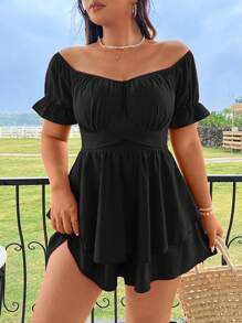 Sunnyshic Plus Size Solid Color Off Shoulder Ruched Jumpsuit For Casual Summer