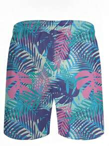 Men's Tropical Plant Printed Drawstring Wide-Leg Beach Swim Shorts For Vacation - Navy Blue - View 2