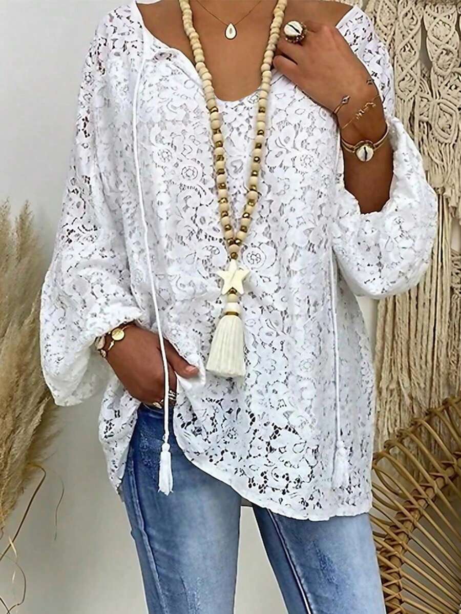 SHEIN LUNE Áo sơ mi đi nghỉ thông thường có dây buộc cho nữ - trắng - Xem 1