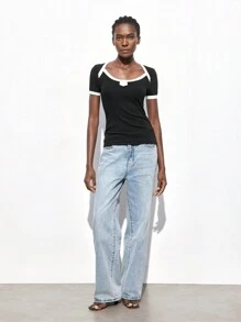 Maija Camiseta informal de manga corta de corte holgado con cuello redondo y bloques de color para mujer, primavera/verano