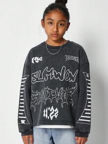 SUMWON Camiseta de manga larga para niñas preadolescentes con estampado en el frente y la manga - Negro - Ver 3