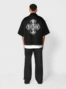 SUMWON Boxy Fit Nylon Shirt With Front And Back Graphic Print - Black - View 3