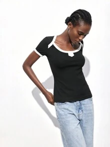 Maija Camiseta informal de manga corta de corte holgado con cuello redondo y bloques de color para mujer, primavera/verano