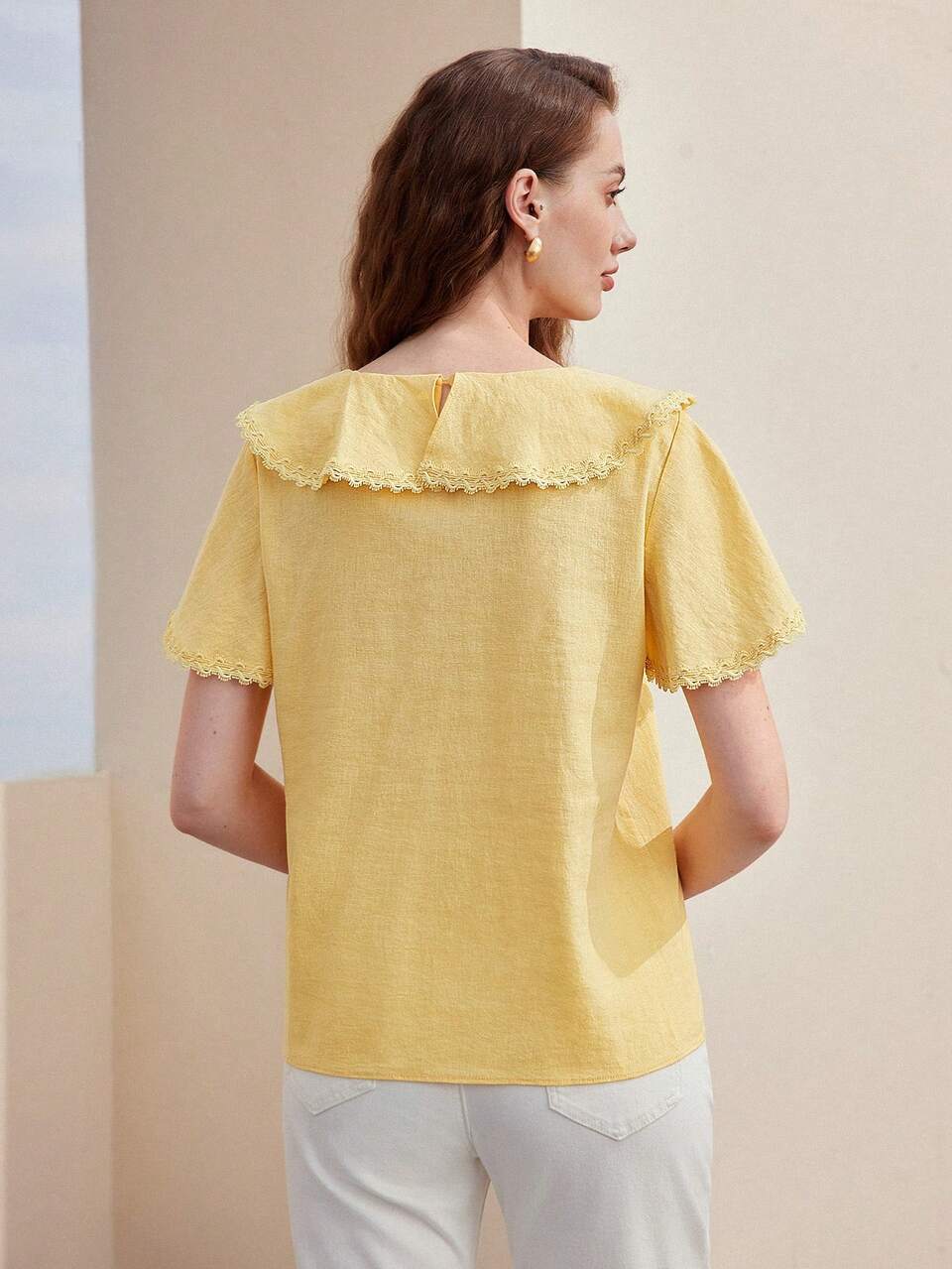 MOTF SOLID CONTRAST LACE RUFFLE TRIM FLUTTER SLEEVE BLOUSE