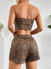 SHEIN EZwear 女性時尚性感豹紋圓管上衣和短褲套裝