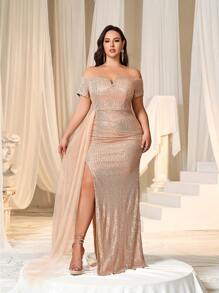 Faeriesty 女士露肩高开衩鱼尾晚礼服，可拆卸拖尾 - 正式宴会礼服、婚纱摄影、红毯活动、新娘肖像、庆典服装 - 香檳色 - 查看 5