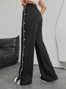 EURMUSE 女士黑色寬腳長褲，側鉤邊裝飾，鈕扣和縫裂細節 - 黑色 - 查看 2
